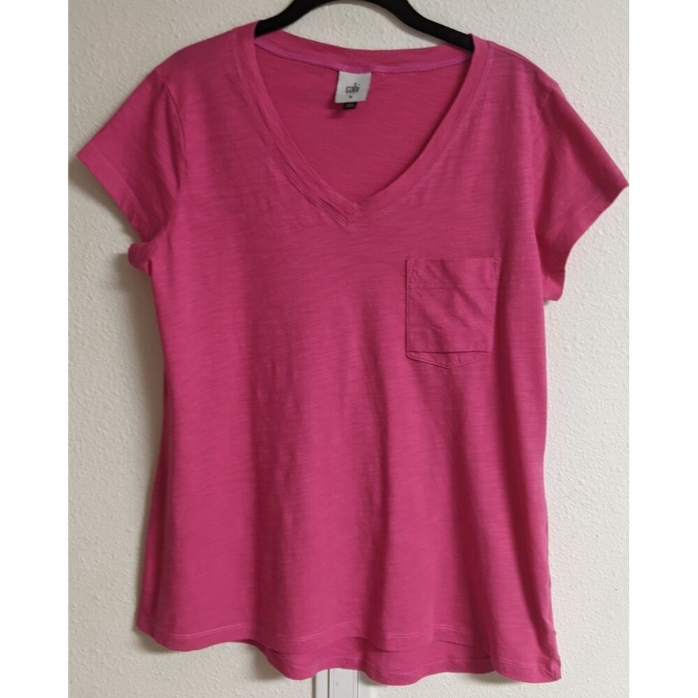 Cabi #5747 Fold Pocket Tee V-Neck Cap Sleeve in Fuchsia Pink M EXCELLENT!